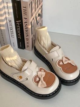 Lolita Kawaii Ayakkabı Kadın Sıcak Japon Tarzı Yay Tatlı Sevimli düz ayakkabı Kadın Yuvarlak Ayak Rahat rahat ayakkabılar Kış 2023