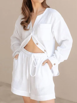 Lınad Pamuklu Pijama Kadınlar İçin 2 Parça Setleri Uzun Kollu V Boyun Kıyafeti Kadın Rahat Takım Elbise Şort Katı Kış 2022