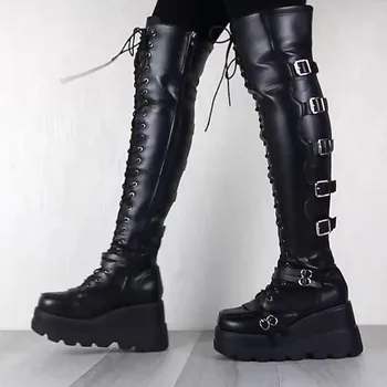 Marka Tasarım Kadın Yüksek Platformu Uyluk Yüksek Çizmeler Moda Toka Punk Yüksek Topuklu Çizmeler Kadın Cosplay Takozlar Ayakkabı Kadın