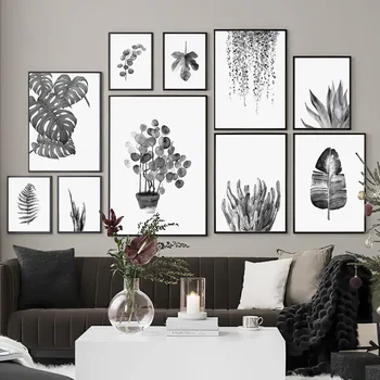 Minimalizm Siyah Beyaz Bitki Yaprak duvar sanatı tuval yağlıboya İskandinav Posterler Ve Baskılar Duvar Resimleri Için Oturma Odası Ev Dekor