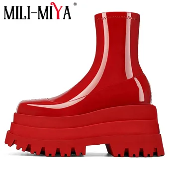 MİLİ-MİYA Moda Marka Tasarım Süper Yüksek Kalın Topuklu Platformu Kadın Streç Mikrofiber yarım çizmeler Su Geçirmez Artı Boyutu 34-41