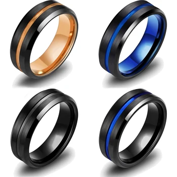 Moda 8mm erkek Siyah Paslanmaz Çelik Yüzük Altın Renk Oluk Eğimli Kenar Nişan Yüzüğü Erkekler İçin Düğün Yıldönümü Takı