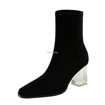 Moda Ayak Bileği Çorap Tıknaz Yüksek Topuklu Şeffaf Kristal Topuk Sivri Burun Kadın Pompaları Elastik Kadın Çizmeler Artı Boyutu 34-40
