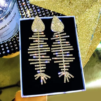 Moda Balık Kemik Kristal Damla Küpe Kadınlar için Uzun Rhinestones Dangle Küpe Bildirimi Takı Hediyeler