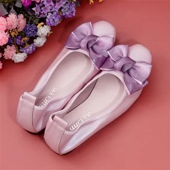 Moda Kelebek-düğüm Flats Ayakkabı Kadın Kare Ayak Parti Hakiki Deri Bale Daireler Büyük Boy 3.5 - 12 Sığ Bayanlar düz ayakkabı
