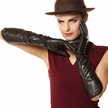 Moda Satış 51 cm Uzun Kadın Deri Eldiven Beş Parmak Katı Gerçek Koyun Derisi Ziyafet Hakiki Opera Sürüş Eldiven EL017NC
