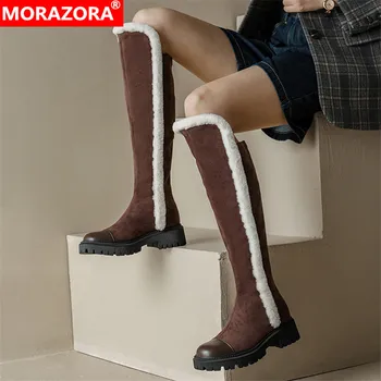 MORAZORA 2022 Yeni Kış Ayakkabı Kadın Diz Yüksek Çizmeler Hakiki Deri + Süet Deri düz ayakkabı Kadın Kar Botları Siyah