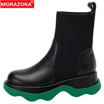 MORAZORA 2023 Yeni Hakiki Deri Kadın Çizmeler Bayanlar Düz Topuklu Ayakkabı Ayak Bileği Bahar Sonbahar Platform Çizmeler