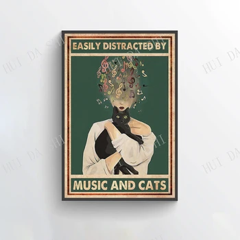 Müzik Posteri - Müzik ve Kediler tarafından Kolayca Dikkati Dağılır, Kara Kedi Posteri, Pot Kafa Müzik Notaları Duvar Sanatı, Kız Kedi Sanat Baskılarını Sever