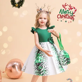 Nokta Çocuk Etek Yeşil Baskı Kabarık Kız Noel Elbise Dans Parti Gösterisi Ana Performans Giyim Vestido Yt007