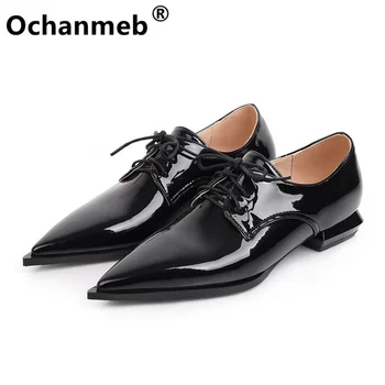 Ochanmeb İngiliz Koleji Stil Bayan Oxfords Derby Ayakkabı Parlak Patent Deri Kadın Elbise Brogues Ayakkabı Lady Flats Artı Boyutu 50
