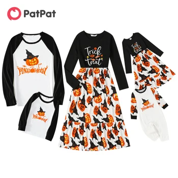 PatPat Cadılar Bayramı Aile Eşleştirme Uzun kollu Mektup ve Kabak Fener Baskı Eklenmiş Elbiseler ve Raglan kollu T-shirt Setleri