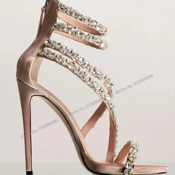 Pereira Pembe Arka Fermuar Kristal Sandalet Kadın topuklu ayakkabı Topuklu ayakkabı Topuk Kız Sandalet Yaz Düğün Ayakkabı Tokası ayak Bileği 