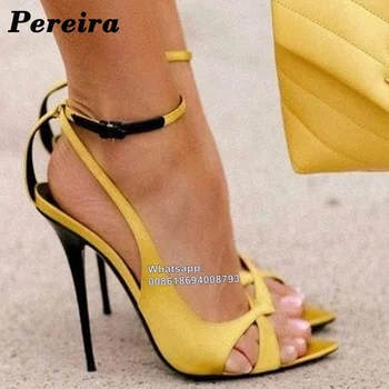 Pereira Sivri Burun Sarı Sandalet Karışık Renk Burnu açık Cut Out Ayak Bileği Toka Kayış Kadın topuklu ayakkabı Ince yüksek topuklu sandalet