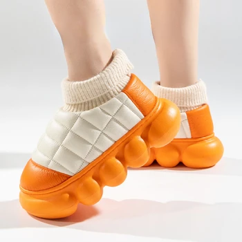 PU Deri Kar Botları Kadın Ev Peluş Terlik Kış 2022 Sıcak platform ayakkabılar EVA Açık Sarılmış Pamuk kabarık Kürklü erkek ayakkabısı