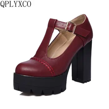 QPLYXCO Artı Retro moda büyük boy 34-43 ayakkabı kadın yüksek topuklu bahar sonbahar Platformu parti düğün kadın ayakkabı 7700-2