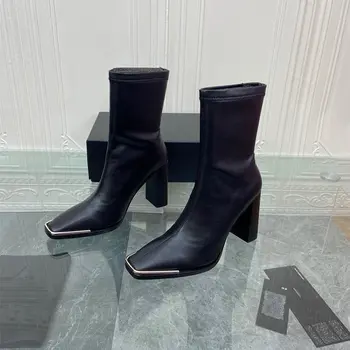 Rahat Tasarımcı seksi bayan vanna katır moda bayan botları siyah deri yuvarlak ayak dantel kadar kısa ayakkabı vintage stil