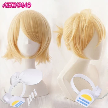 Rin Len kısa sarışın ısıya dayanıklı sentetik saç Anime Cosplay peruk + parça kodu + ücretsiz peruk kap