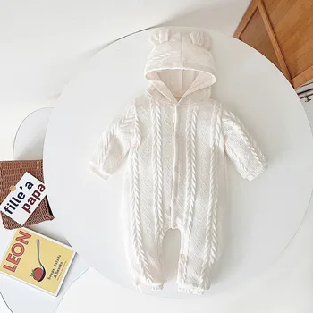 Sanlutoz Kış Bebek Tulum Sevimli Sıcak Bebekler Giyim Örgü Kalın Çizgi Kazak Ayı Kapüşonlu