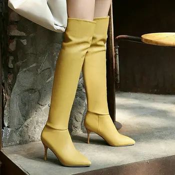 Sarı Pembe Beyaz Kadın Diz Yüksek Çizmeler Moda Sivri Burun Ince Yüksek Topuk Bayanlar Uzun Çizmeler Pilili Bayanlar Kış ayakkabı