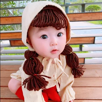 Sevimli Bahar Yaz Bebek Bebek Kız Prenses Şapka Saç Pigtail Örgü Peruk Kap 2 adet set Tığ Çocuk Çocuk Kız Şapka ve Kapaklar
