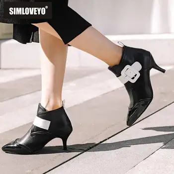 SIMLOVEYO yarım çizmeler kadınlar için Sivri Burun Yavru topuk Toka Serin Siyah Beyaz Boyutu 45 kadın ayakkabıları Patik mujer B1516