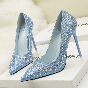 Sıcak Altın Gümüş Mavi Yüksek Topuklu Ayakkabılar Kadın Pompaları Seksi Moda Lüks Rhinestone Düğün parti ayakkabıları Bayanlar 2022 İlkbahar Sonbahar