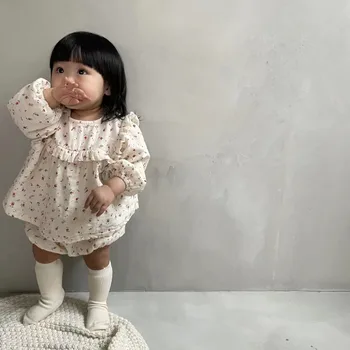 Tatlı Bebek Kız Retro Çiçek Puf Kollu Elbise Ve Gevşek İnce Nefes Pamuk Şort 2 adet Kızlar Sevimli Set Sonbahar Takım Elbise