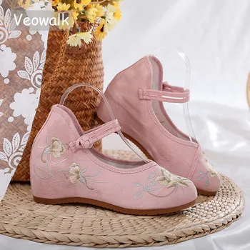Veowalk Ayak Bileği Tokaları Kadın Jakarlı Kumaş 3 cm Gizli Platformlar Bayanlar Rahat Yumuşak Sneakers Çin Işlemeli Ayakkabı