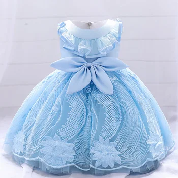 Yaz 1 Yıl Bebek Doğum Günü Elbise Çocuk Vaftiz Giyim Vaftiz Toddler Parti Çocuk Kostüm Mavi Çiçek Dantel Prenses
