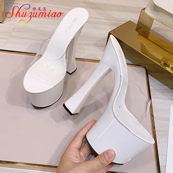 Yeni 8 Renk kadın yüksek topuklu sandalet 2021 Yaz Şeffaf PVC Seksi Düğün Terlik 20CM Platformu Kalın Topuk Ayakkabı Boyutu 43