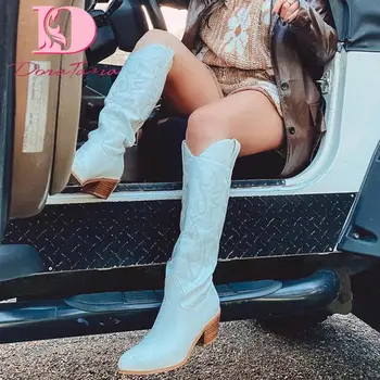 Yeni Bayanlar Retro Sivri Burun Diz Yüksek Çizmeler Moda Dikiş Oyalamak Tıknaz Yüksek Topuklu Kadın Çizmeler Sonbahar Cowgirl Ayakkabı Kadın