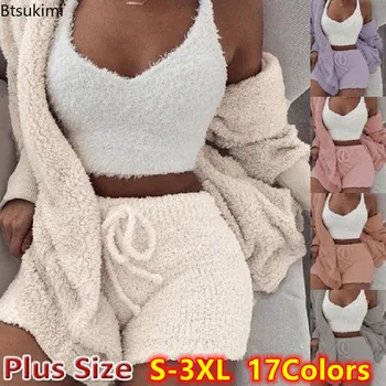 Yeni Kadın Kadife Üç Parçalı Takım Kıyafetler Yumuşak Sıcak Beyaz Eşleşen Set Kırpma üst ve şortlar Salonu Ev Giyim Pijama Büyük Boy 2022