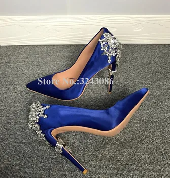 Yeni Mavi Saten Dize Boncuk Stiletto Topuk Pompaları Bayan Seksi Sivri Burun Kristal Yüksek Topuk Ayakkabı Popüler Rhinestone Düğün Ayakkabı