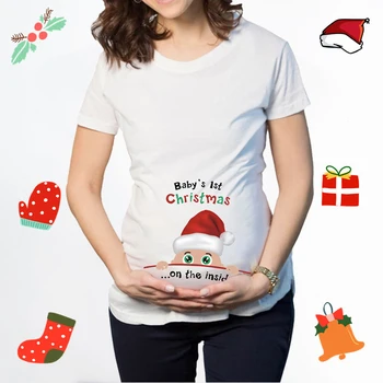 Yeni Noel Sevimli Analık hamile Giyim Rahat Gebelik T Gömlek Bebek Baskı Komik Analık Yaz T Gömlek Analık Üst Yeni
