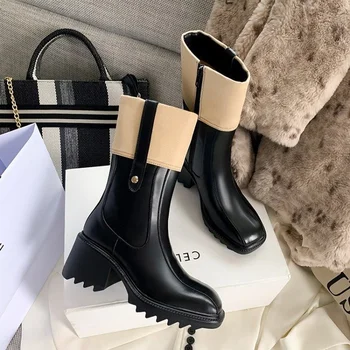 Yeni yarım çizmeler Kadın Kalın Taban Platformu 2023 sonbahar Moda Tıknaz Kare Topuk yağmur çizmeleri Bayanlar Tasarımcı Chelsea kauçuk ayakkabı