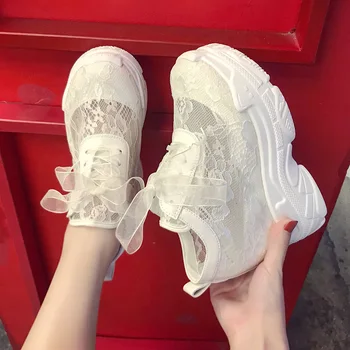 YENİ Klasik Kadın Örgü Platformu Sneakers Eğitmenler Beyaz yüksek topuklu ayakkabı Takozlar Açık ayakkabı nefes alan günlük ayakkabılar Kadın 12cm
