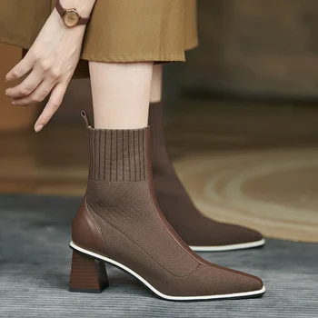 Yüksek topuklu yarım çizmeler Kadın 2021 Sonbahar Kış Retro Örme Elastik Çorap Kalın Topuk yarım çizmeler Sivri İnce yarım çizmeler