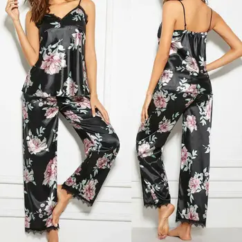 Çin Tarzı Moda Kadın Bayanlar Pijama Seti V Yaka Dantel Çiçek Baskılı Kolsuz Kıyafeti Gecelik Siyah Pijama Kadın